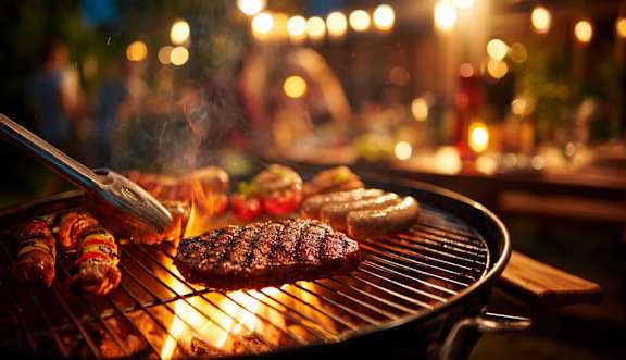 A grill with various meats cooking on it.