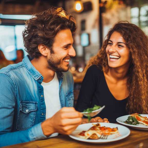 A man and a woman are enjoying a meal together at a restaurant.