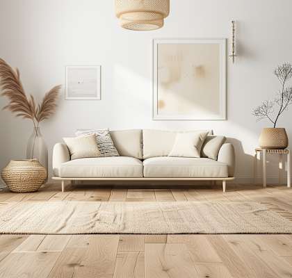 A living room with a white sofa, a wooden floor, and a large window.