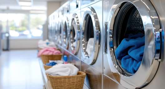 A row of washing machines with clothes in them.