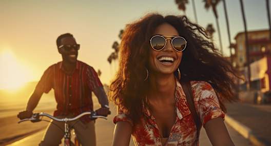 A woman and a man are riding bicycles together on a road.