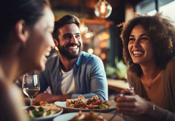 people sitting at a table in a restaurant eating food