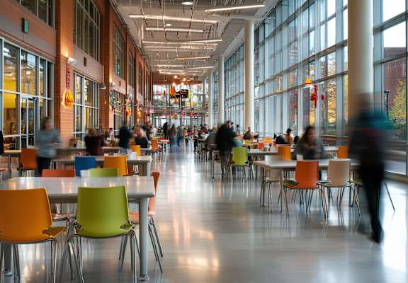 A cafeteria with tables and chairs and people walking.