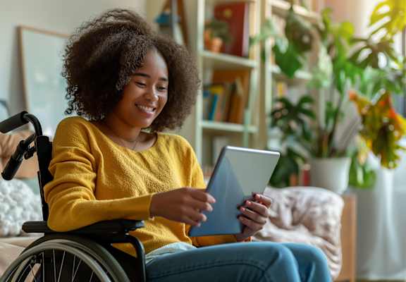 A person in a yellow top is using a tablet while sitting in a wheelchair.