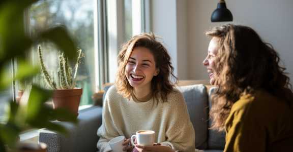 Two women are sitting on a couch, one holding a cup and both smiling.