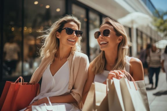 two women holding shopping bags and smiling at each other