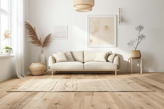 A living room with a white sofa, a wooden floor, and a large window.