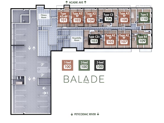 A floor plan of a hotel with 100 rooms and a fitness room.