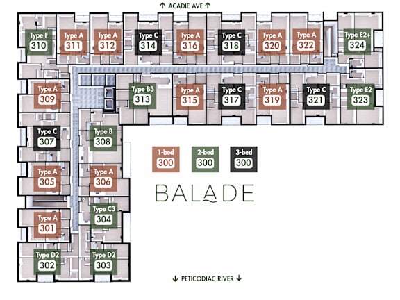 A floor plan of a building with multiple types of rooms labeled Type A, Type B, Type C, Type D2, Type D3, Type E2, and Type F.