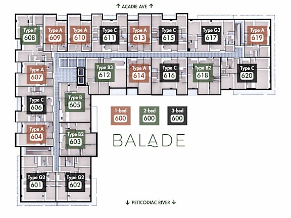 A floor plan of an apartment complex with various room types and numbers.