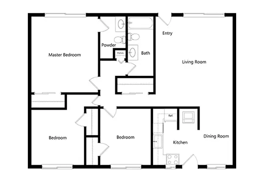 A floor plan of a house with a Master Bedroom, Living Room, Dining Room, Kitchen, and three Bedrooms.