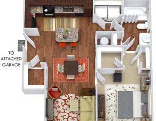 The Jones with Attached Garage. 1 bedroom apartment. Kitchen with island open to living/dinning rooms. 1 full bathroom. Walk-in closet. Extra storage closet.
