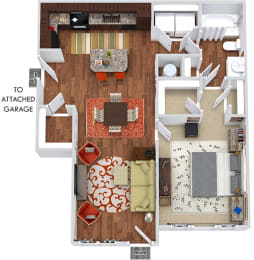 The Jones with Attached Garage. 1 bedroom apartment. Kitchen with island open to living/dinning rooms. 1 full bathroom. Walk-in closet. Extra storage closet.