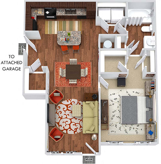 The Jones with Attached Garage. 1 bedroom apartment. Kitchen with island open to living/dinning rooms. 1 full bathroom. Walk-in closet. Extra storage closet.