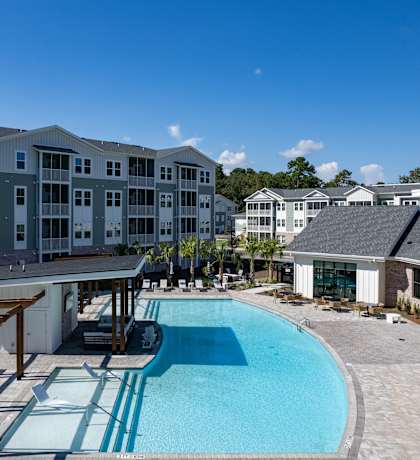 Aerial view of swimming pool at Waterleaf at Salt Creek, nice apartments in Savannah, GA