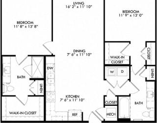The Oscar floorplan with 2 Bedrooms, 2 Baths one with standalone shower. L shaped Kitchen open to dining and living area.