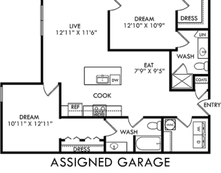 The Lockhart with Assigned Garage. 2 bedroom apartment. Kitchen with island open to living/dinning rooms. 2 full bathrooms. Walk-in closet in master. Patio/balcony.