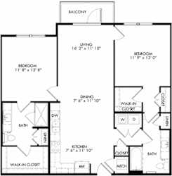The Oscar floorplan with 2 Bedrooms, 2 Baths one with standalone shower. L shaped Kitchen open to dining and living area.