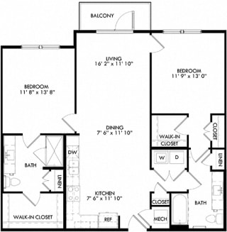 The Oscar floorplan with 2 Bedrooms, 2 Baths one with standalone shower. L shaped Kitchen open to dining and living area.