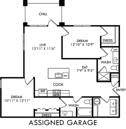 The Lockhart with Assigned Garage. 2 bedroom apartment. Kitchen with island open to living/dinning rooms. 2 full bathrooms. Walk-in closet in master. Patio/balcony.