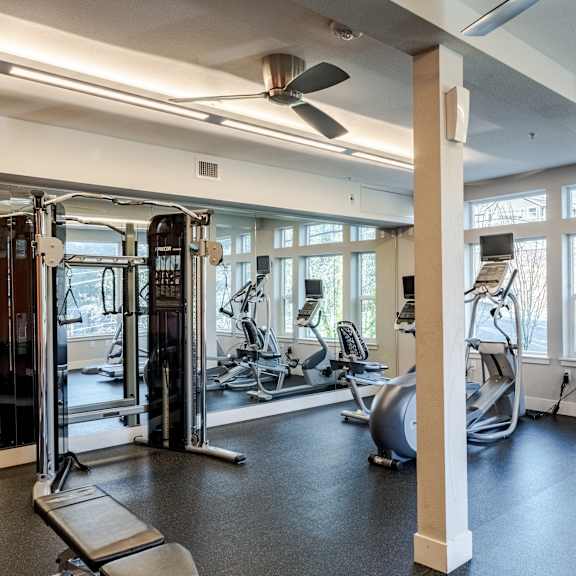 A gym with treadmills, elliptical machines, and other exercise equipment.