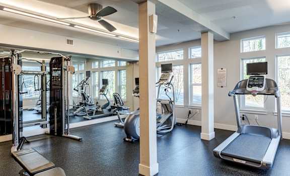 A gym with treadmills, elliptical machines, and other exercise equipment.