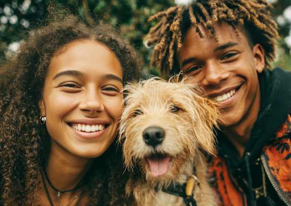 A young man and woman are smiling at the camera with a small dog between them.