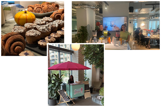 A collage of images including food, a meeting room, and a coffee shop.