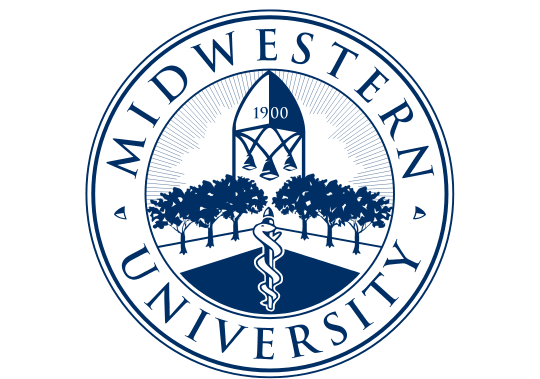 The image is a logo of Midwestern University, featuring a tower, trees, and a DNA double helix.