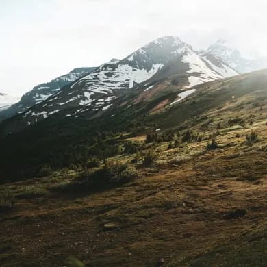 a mountain in the distance with a grassy field in the foreground