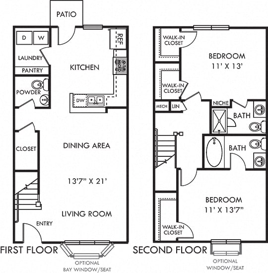 Davidson. 2 bedroom townhouse. Kitchen with bartop open to living & dinning rooms. 2 full bathrooms, shower stall in master. 1 half bath. Walk-in closets. Patio/balcony.