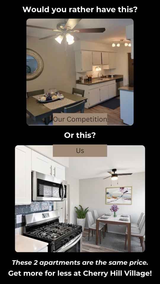 A comparison advertisement between US and THEM apartment features.