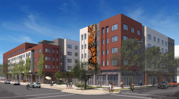 a rendering of an apartment building on a city street