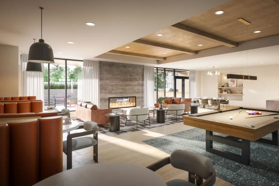 Brynwood clubroom with a pool table, kitchen, and seating areas