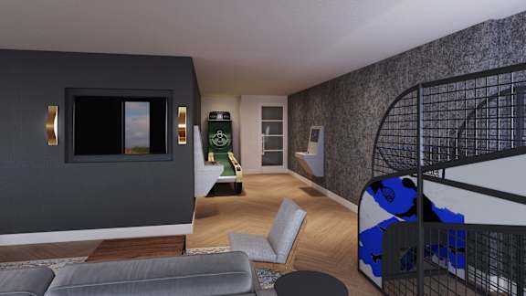a view of a living room with a staircase and a game room in the background