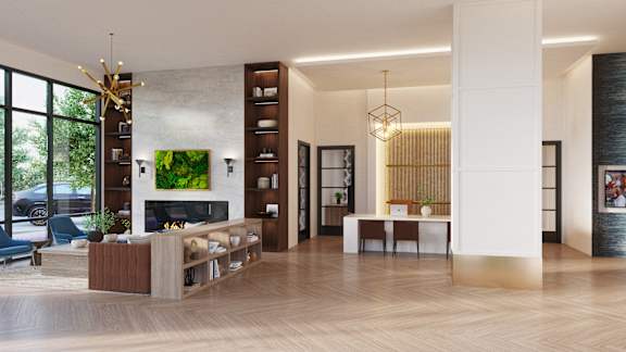a living room with a fireplace and a table