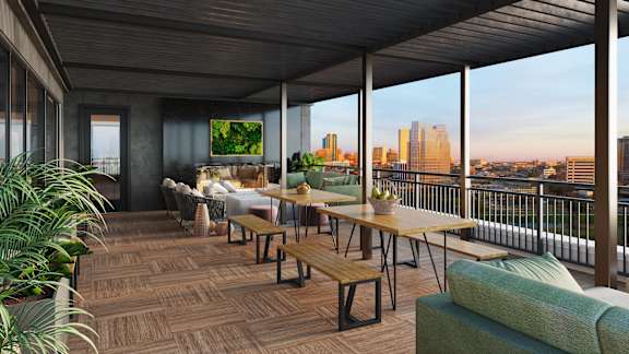 a rendering of a balcony with tables and chairs overlooking a city