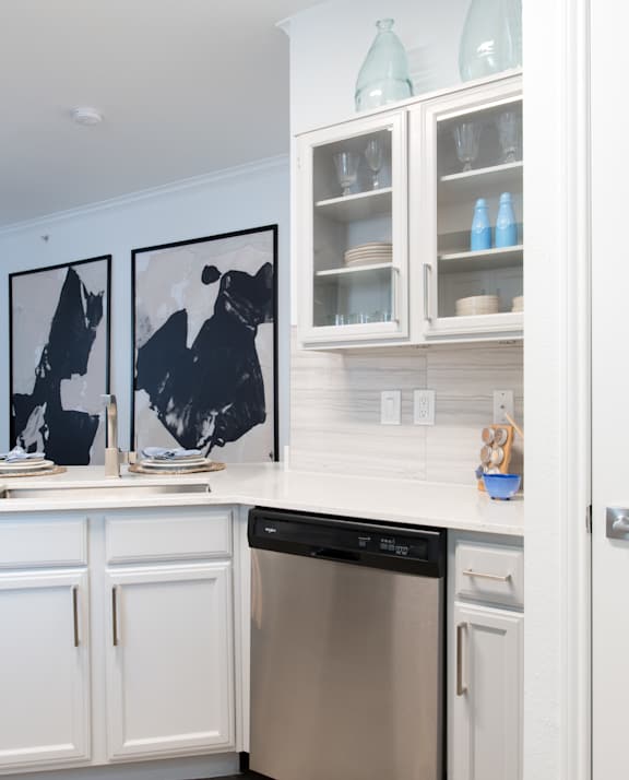 Kitchen with white cabinets and a stainless steel dishwasher at Silverado, Frisco, TX, Texas, 75034