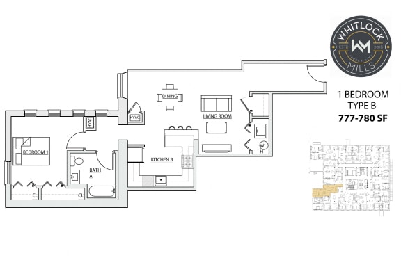 Floor Plan  One bedroom one bath floor plan unit type B