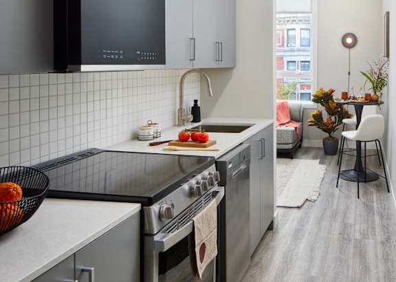 a kitchen with a stove and a sink and a television