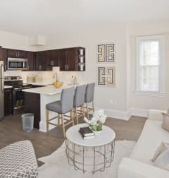 a living room with two couches and a rug and a dining room table