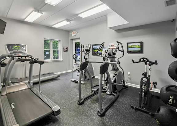 A gym with treadmills, exercise bikes, and weight racks.