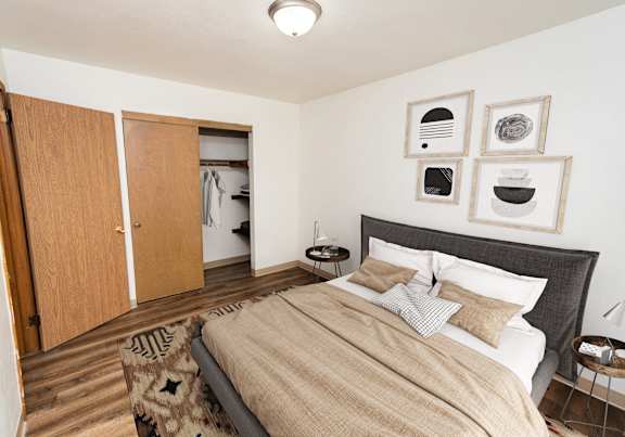 A bedroom with a bed, a rug, and a wardrobe.
