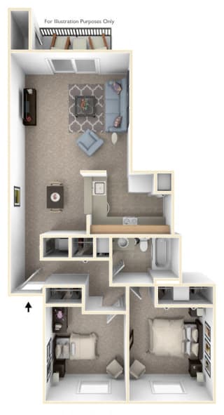 1 Bed 1 Bath Two Bedroom Walk- Through Floor Plan at Swiss Valley Apartments, Wyoming, MI, 49509