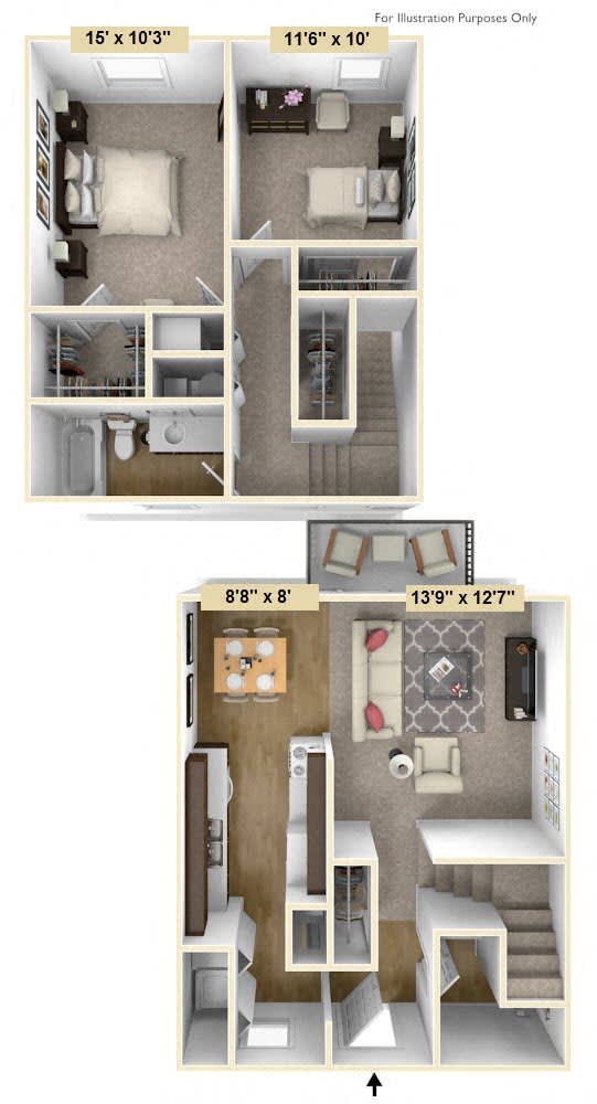 Two bedroom-Two-bath Emerald Style Floor Plan Two bedroom-Two-bath Emerald Style Floor Plan at Shannon Manor Townhouses, Michigan, 48423