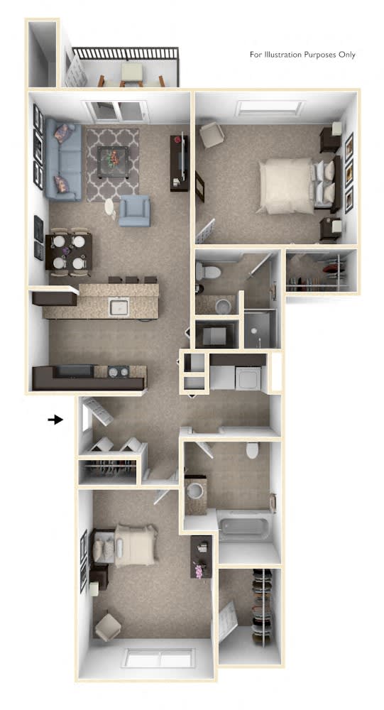 Two Bedroom Two Bath Floor Plan at Andover Pointe Apartment Homes, Nebraska, 68138