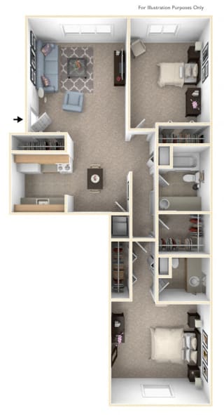 Two Bedroom Walk-thru Floor Plan at Walnut Trail Apartments, Portage, 49002