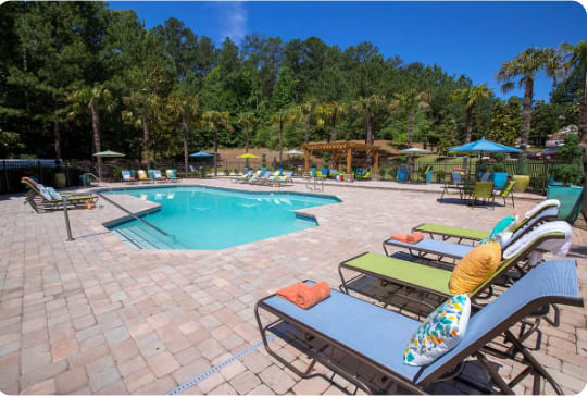 A pool area with a blue pool and sun loungers.