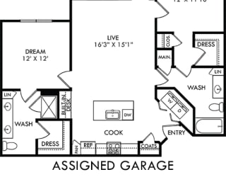 Freedman with assigned garage. 2 bedroom, 2 full bath, master bath double sink vanity entry closet, kitchen with island and built-in desk area. open to living room. washer/dryer. linen closets. patio.