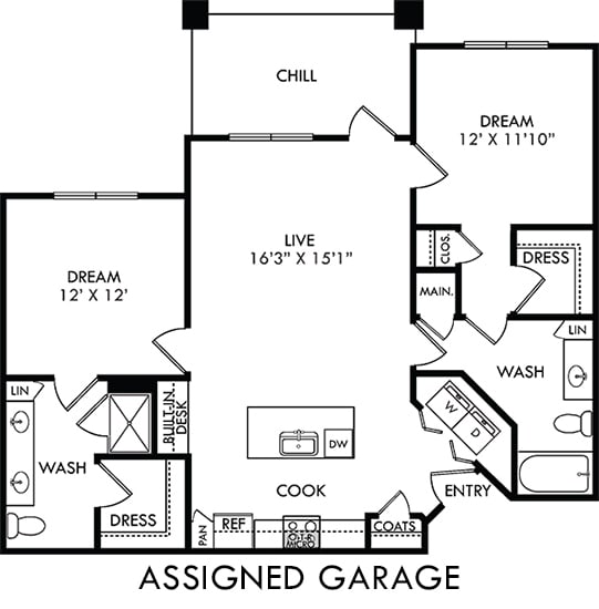 Freedman with assigned garage. 2 bedroom, 2 full bath, master bath double sink vanity entry closet, kitchen with island and built-in desk area. open to living room. washer/dryer. linen closets. patio.